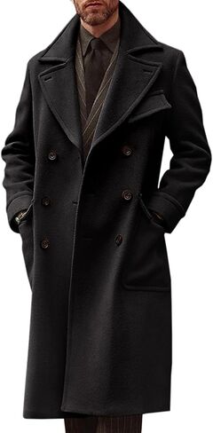 Runcati Mens Trench Coat Notch Lapel Double Breasted Peacoat Wool Blend Casual Long Overcoat in Saudi Arabia
