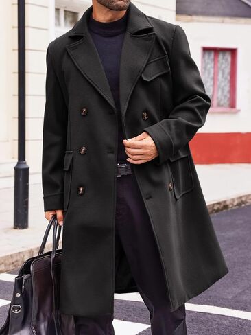Runcati Mens Trench Coat Notch Lapel Double Breasted Peacoat Wool Blend Casual Long Overcoat in Saudi Arabia