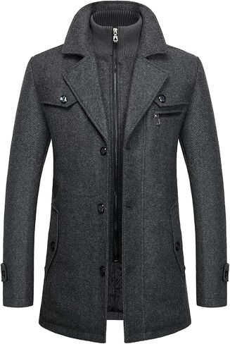 FANARCHER Men's Wool Blend Coats with Detachable Zipper Winter Warm Jakcet Single Breasted Business Windbreaker Pea Coat in Kuwait