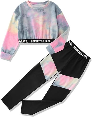 الفتيات الملابس التعادل صبغ طويلة الأكمام البلوز بارد المرقعة Sweatpants 2 قطعة مجموعة ملابس الفتيات حجم 6-14 سنة in Saudi Arabia