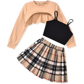 fioukiay Girls 3 Piece Outfit Skirt Sets Long Sleeve Sweatshirt and Plaid Pleated Skirt with Camisole Clothes Set
