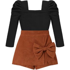 Toddler Girl Clothes Square Neck Puff Sleeve Top and Skort Set 2PCS Fall Winter Girls Outfits