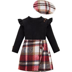 Patgoal Baby Girl Clothes Toddler Ruffled Long Sleeve Button Tops + Plaid Skirt + Hat Set Kids Girl 3Pcs Fall Winter Outfit