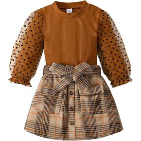 Girl Fall Outfits Long Sleeve Cute T-Shirt Tops+Plaid Skirts Set Winter Clothes 2-9T