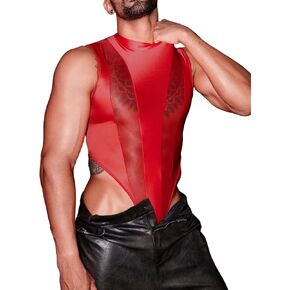 Mens Sexy Lingerie, Hook Crotch Thong High Cut Bodysuit Top Rave Outfit, Glossy Mock Neck Sheer Singlet Muscle Suit in Saudi Arabia