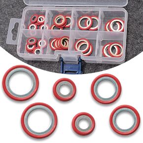30 PCS Car A/C Compressor Gasket Kit, O-Ring Port Seal Washer Replacement Accessories, A/C Anti-Leak Bonded Seal Gasket Assortment, Universal for Most Cars Trucks SUVs (Red)
