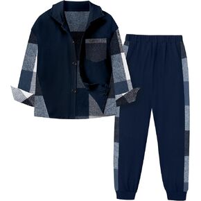 Boys Clothes Long Sleeve Plaid Shirts Button Down Sweatshirt Tops and Jogger Pants 2 Pcs Fall Winter Outfits 6-14Y