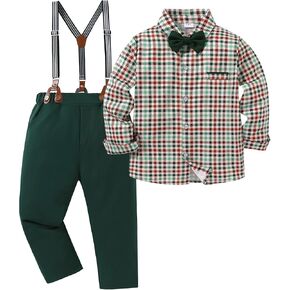 SANMIO Boy Clothes Suit, Boys Gentleman Wedding Outfit Formal Dress Shirt with Bowtie+Suspender Pants 5-10 Years