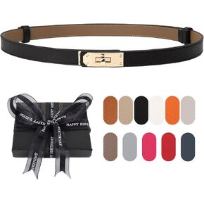 Women's Skinny Belt with Turn-Lock Buckle, Adjustable Women Leather Belt for Dresses, Jeans, Coats