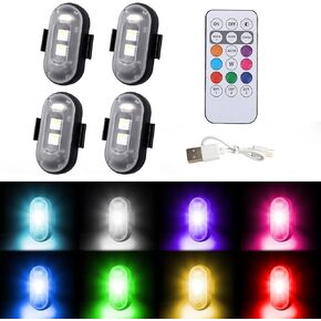 4PCS Wireless Led Strobe Lights with Remote, 8 Colors Wireless Led Anti Collision Lights Rechargeable Emergency Strobe Warning Flashing Lights Drone Strobe Light for Car Drone Motorcycle Bike