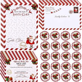 AnyDesign 15 Sets Christmas Official Letters Certificate from Santa Claus Include 15Pcs Red White Stripes Writing Letter 15Pcs Nice List Certificate 15 Envelopes and 30 Stickers for Family Party Favor