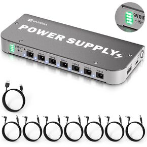 Guitar Pedal Power Supply Vangoa Rechargeable Power Supply Portable with Battery Indicator Built-in 4600mAh Battery 7 Isolated DC Output for 9V Guitar Bass Effect Pedals with USB Port for Phone Pad