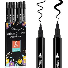 Black Fabric Markers 6 Pack - Dual Tip Fabric Markers for Clothes, Permanent Fabric Paint Pens for Personalizing T-Shirts, Bags, Hats, Canvas