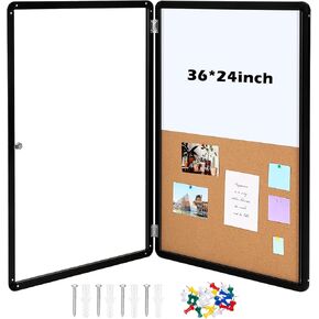 Cholemy Enclosed Bulletin Board Combo Magnetic Whiteboard Cork Board 36"x 24" Lockable Notice Case Waterproof Tamperproof Dry Erase Board and Cork Board Combo Aluminum Framed for Wall School Office