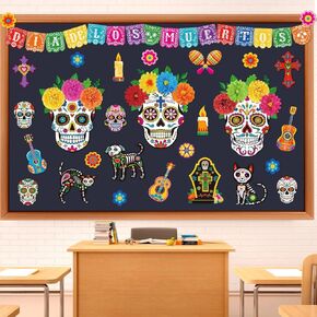 Pasimy 74 Pcs Day of The Dead Bulletin Board Set Colorful Sugar Skull Classroom Decorations Mexican Dia De Los Muertos Cutouts with 3D Paper Flowers for Door Wall Decor Fiesta Halloween Party Supplies
