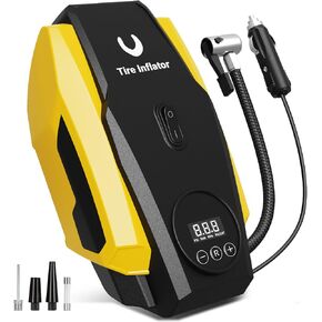 Tire Inflator Portable Air Compressor - Air Pump for Car Tires - 12V DC Compact Tire Pump with Auto Shutoff Function - Multipurpose Car Accessory with LED Light, Yellow, Medium