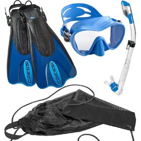 Cressi Italian Design Premium Tempered Glass Lens Frameless Scuba Snorkeling Dive Mask - Dry Snorkel - and Palau Short Snorkeling Fin and Snorkel Set Gear Bag, TTWT-ML