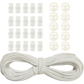 30pcs Plastic Cord Locks with 1/8-Inch 50ft Elastic Cord Heavy Stretch Round String, 10Pcs Sing-Hole, 10pcs Double-Hole Spring Toggle Stopper Slider (3mm-Black)