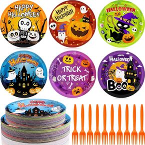 Sieral 180 Pcs Vintage Style Halloween Party Supplies Halloween Paper Plates and Forks Set, 7'' & 9'' Retro Ghost Pumpkin Plates Trick or Treat Halloween Party Decorations