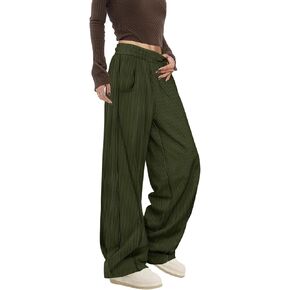 YESNO Women's Corduroy Casual Baggy Pants Elastic Waist Wide Leg Trousers with Pockets PCB