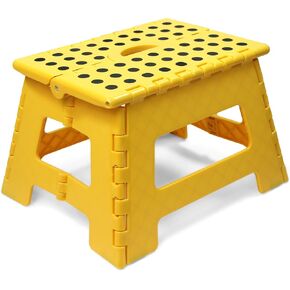 MaxWorks 50969 Folding Step Stool - 9" Height, 330 lbs Capacity - 16 Steel Rods for Enhanced Strength - Lightweight, Durable Plastic Stool for Kitchen, Bathroom, Living Room - Yellow