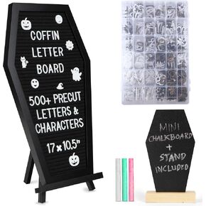 Manny's Mysterious Oddities Coffin Letter Board with Mini Coffin Board- Gothic Wedding Decor - Spooky 17x10.5 inches Felt Letter Board with 500 Precut Characters & Emojis