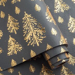 Flyhill Kraft Christmas Wrapping Paper-17inch*32.8ft（46.8sq.ft.ttl Per Roll- Red and Gold 3D Embossed Foil Christmas Trees Design for New Year,Birthday,Party,Craft & Art
