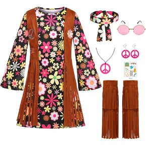 Cuteshower Kids Hippie Costume for Girls 60s 70s Hippie Dress for Halloween Party Outfit