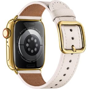 MNBVCXZ Compatible with Apple Watch Band 38mm 40mm 41mm 42mm 44mm 45mm 49mm Women Men Girls Boys Genuine Leather Replacement Strap for iWatch Series 9 8 7 6 5 4 3 2 1 Ultra SE (Beige/Gold)