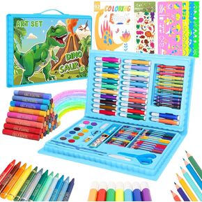 homicozy Art Supplies,Dinosaur Drawing Set Coloring Kit Gift Art Box,Arts and Crafts for Kids Girls Boys with Crayon,Colored Pencil,Marker,Coloring Book,Water Cake,Stencil,Drwing Stuffs for Boys 4-10