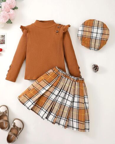 Little Girls Clothes Winter Fall Outfit Casual Long Sleeve Dress Ruffle Shirt Girl Plaid Skirt Set Cute Dresses for Kids in Kuwait