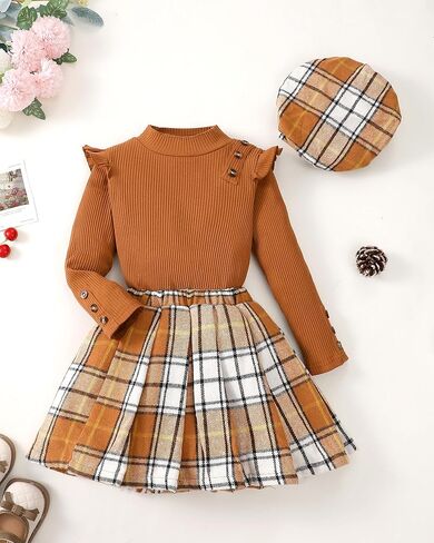 Little Girls Clothes Winter Fall Outfit Casual Long Sleeve Dress Ruffle Shirt Girl Plaid Skirt Set Cute Dresses for Kids in Kuwait