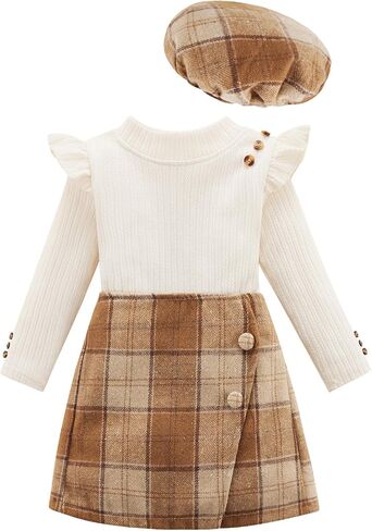 Patgoal Toddler Girls Fall Winter Clothes 3 Piece Outfits Kids Long Sleeve Ribbed Knit T Shirt Sweater Plaid Mini Skirt Set in Saudi Arabia