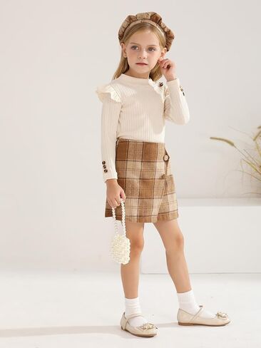 Patgoal Toddler Girls Fall Winter Clothes 3 Piece Outfits Kids Long Sleeve Ribbed Knit T Shirt Sweater Plaid Mini Skirt Set in Saudi Arabia
