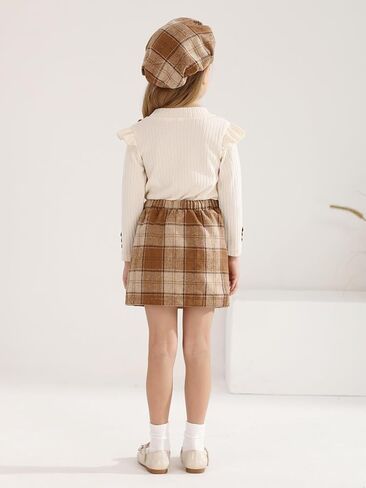 Patgoal Toddler Girls Fall Winter Clothes 3 Piece Outfits Kids Long Sleeve Ribbed Knit T Shirt Sweater Plaid Mini Skirt Set in Saudi Arabia