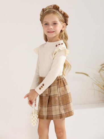 Patgoal Toddler Girls Fall Winter Clothes 3 Piece Outfits Kids Long Sleeve Ribbed Knit T Shirt Sweater Plaid Mini Skirt Set in Saudi Arabia