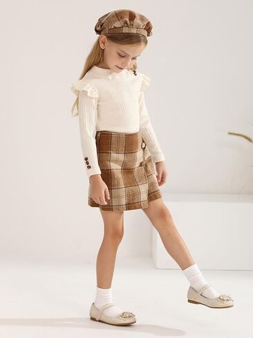 Patgoal Toddler Girls Fall Winter Clothes 3 Piece Outfits Kids Long Sleeve Ribbed Knit T Shirt Sweater Plaid Mini Skirt Set in Saudi Arabia