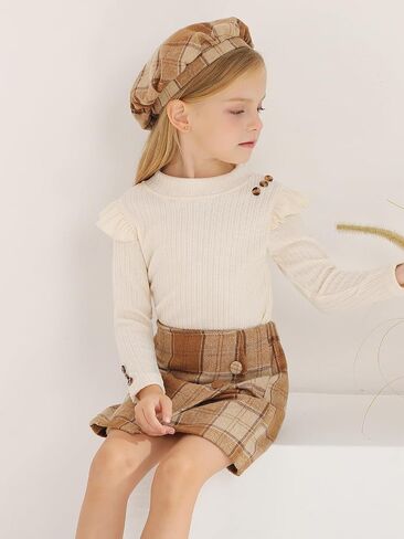 Patgoal Toddler Girls Fall Winter Clothes 3 Piece Outfits Kids Long Sleeve Ribbed Knit T Shirt Sweater Plaid Mini Skirt Set in Saudi Arabia