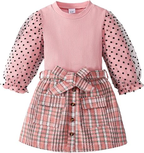 Girl Fall Outfits Long Sleeve Cute T-Shirt Tops+Plaid Skirts Set Winter Clothes 2-9T in Saudi Arabia