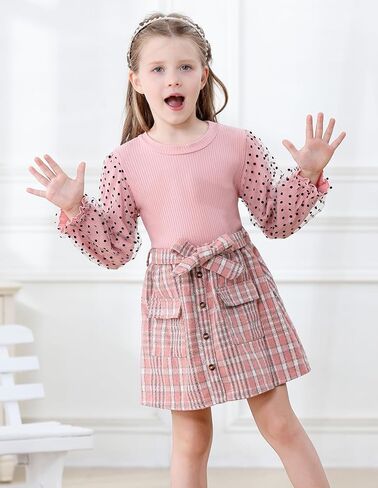 Girl Fall Outfits Long Sleeve Cute T-Shirt Tops+Plaid Skirts Set Winter Clothes 2-9T in Saudi Arabia