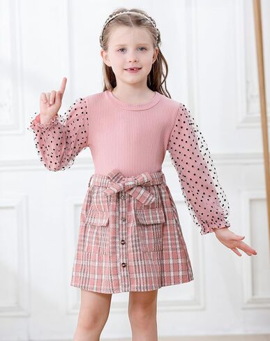 Girl Fall Outfits Long Sleeve Cute T-Shirt Tops+Plaid Skirts Set Winter Clothes 2-9T in Saudi Arabia