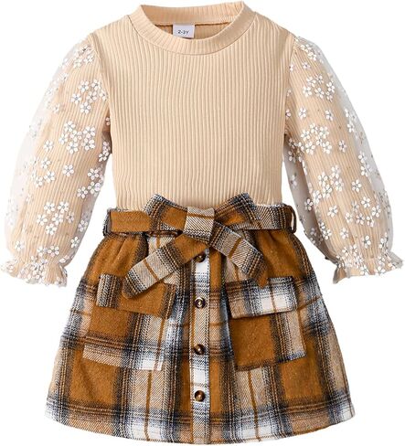 Girl Fall Outfits Long Sleeve Cute T-Shirt Tops+Plaid Skirts Set Winter Clothes 2-9T in Saudi Arabia