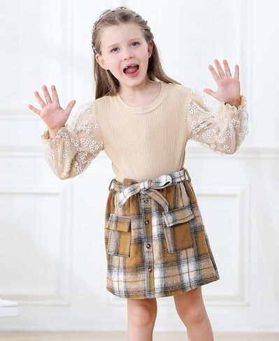 Girl Fall Outfits Long Sleeve Cute T-Shirt Tops+Plaid Skirts Set Winter Clothes 2-9T in Saudi Arabia