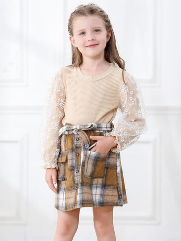 Girl Fall Outfits Long Sleeve Cute T-Shirt Tops+Plaid Skirts Set Winter Clothes 2-9T in Saudi Arabia