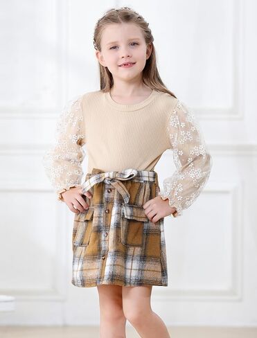 Girl Fall Outfits Long Sleeve Cute T-Shirt Tops+Plaid Skirts Set Winter Clothes 2-9T in Saudi Arabia
