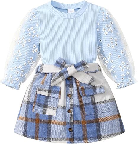 Girl Fall Outfits Long Sleeve Cute T-Shirt Tops+Plaid Skirts Set Winter Clothes 2-9T in Saudi Arabia