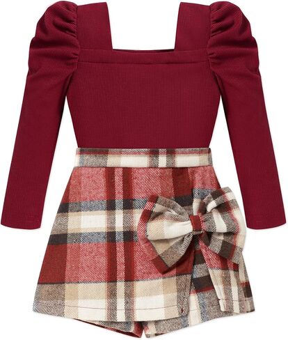 Toddler Girl Clothes Square Neck Puff Sleeve Top and Skort Set 2PCS Fall Winter Girls Outfits in Kuwait