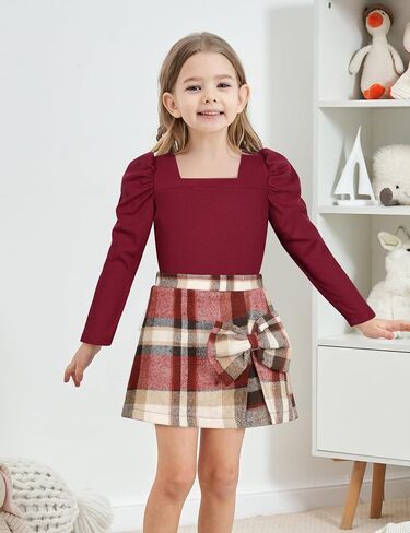 Toddler Girl Clothes Square Neck Puff Sleeve Top and Skort Set 2PCS Fall Winter Girls Outfits in Kuwait
