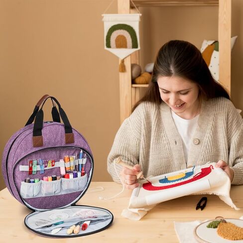 حقيبة مشروع تطريز كولوتش بمقبض، حقيبة تخزين غرز أرجوانية، لوازم الخياطة المحمولة، حقيبة حمل للحرف اليدوية، وأطواق التطريز، والرسوم البيانية والخيوط in Kuwait