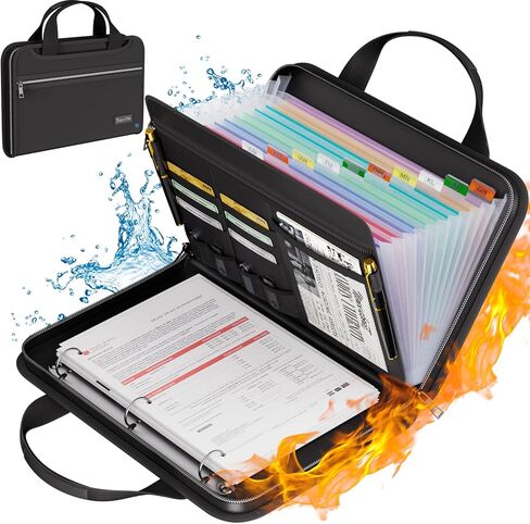 Tamfile Fireproof Accordion File Organizer with Handle, File Folder with 3 Ring Binder, 13 Pocket Expanding File Folder with Zipper & Labels, Multi Pockets Paper Organizer Folder for Letter A4 Files in Kuwait